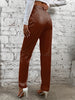 Elegant Women's Faux Leather Pants - High Waist, Comfort Stretch, Button Detail, Perfect for Fall/Winter