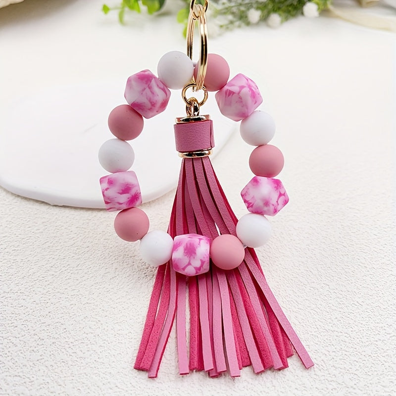 Silicone Beaded Wristlet Keychain With PU Leather Tassel Skull Flower Leopard Fashion Bag Charm Phone Lanyard Women daily use Gift