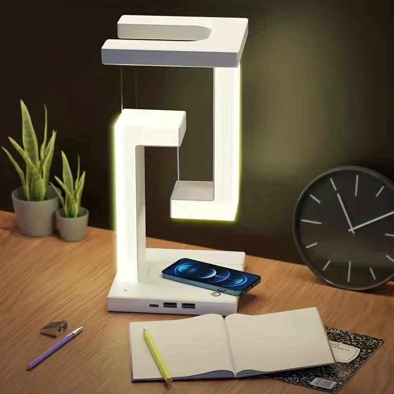 10W Wireless Charging Levitating LED Desk Lamp - USB Rechargeable, Touch Control & Dimmable Ambient Light for Home & Office