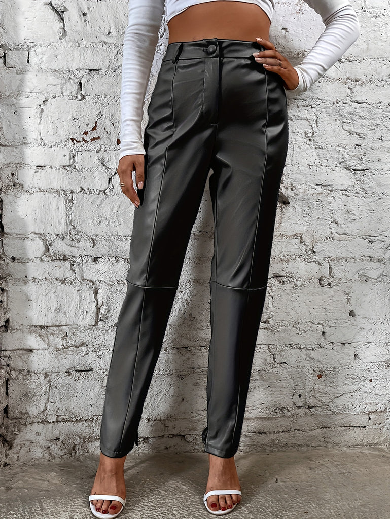 Elegant Women's Faux Leather Pants - High Waist, Comfort Stretch, Button Detail, Perfect for Fall/Winter