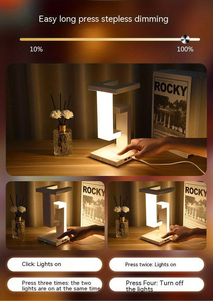 10W Wireless Charging Levitating LED Desk Lamp - USB Rechargeable, Touch Control & Dimmable Ambient Light for Home & Office