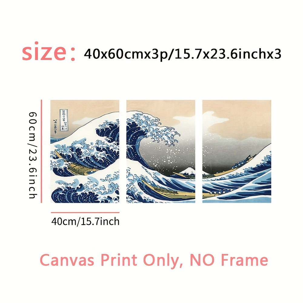 3pcs The Wave of Kanagawa - Famous Painting Print for Living Room and Office Decoration