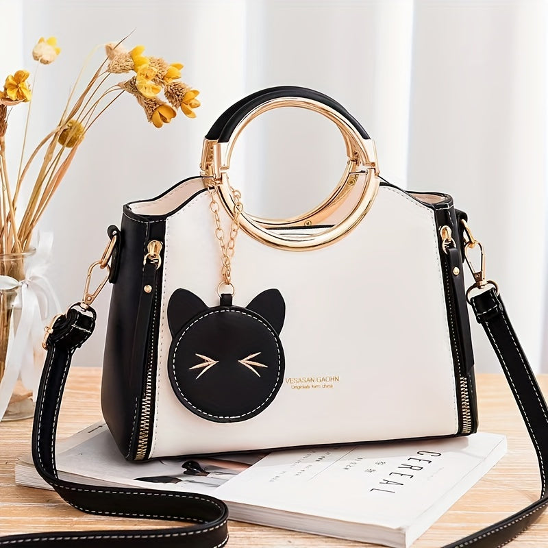 Color Contrast Handbag For Women, Trendy PU Leather Shoulder Purse, Versatile Crossbody Bag With Cute Cat Coin Purse