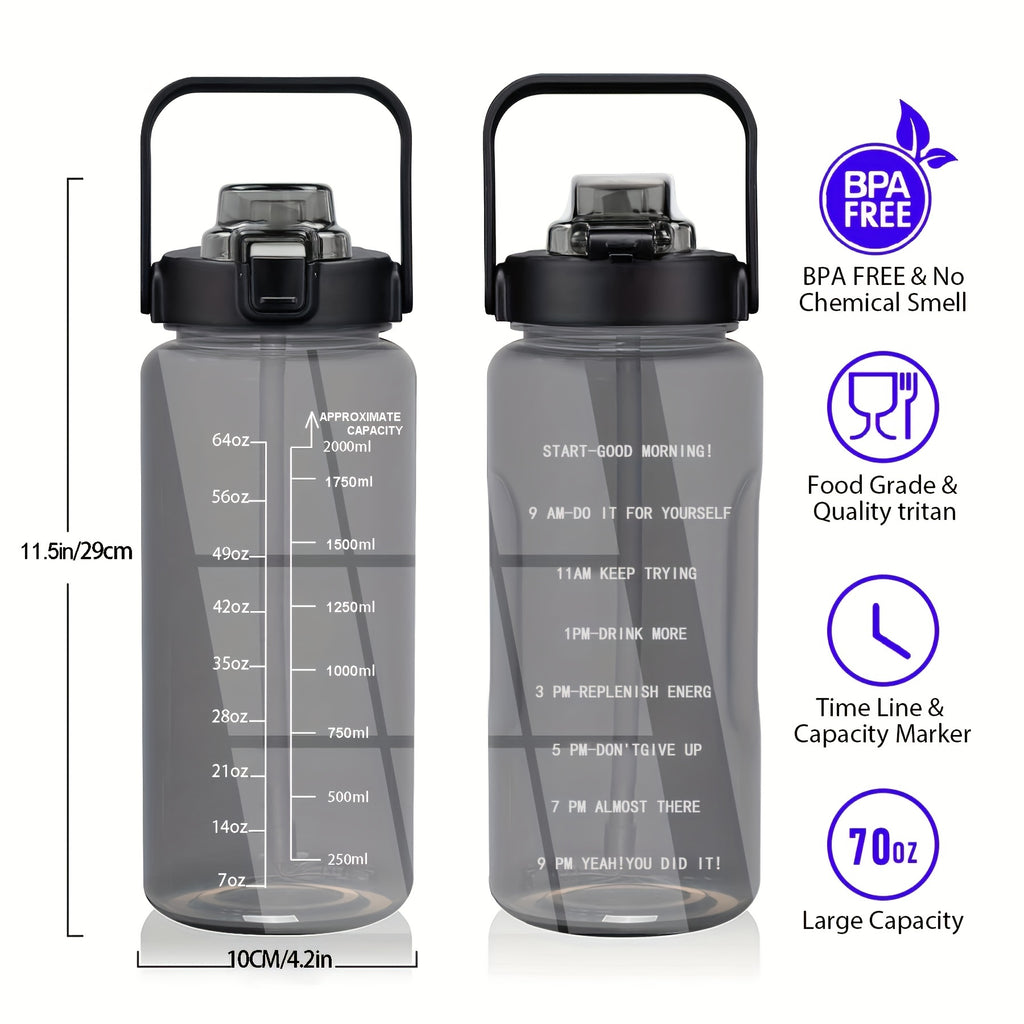 Sildurx 70oz (2L) Half-Gallon Water Bottle with Sleeve - Leakproof, BPA-Free Tritan, Built-in Straw & Time Stamp, Thermos with Handle, Motivational Design, for Gym, Travel, Office, School - Ideal Gift for Men & Women, Daily H