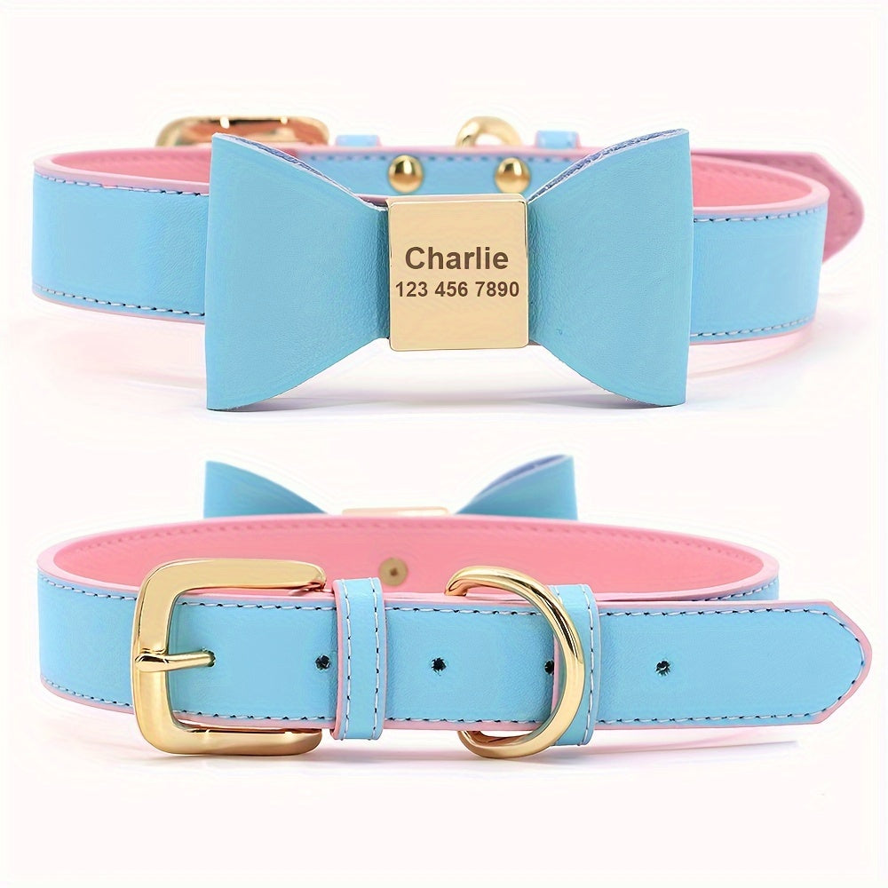 For Small Medium Dogs Cats, Free Engraved PU Leather Personalized Dog Collar with Bowknot, Customized Pet ID Name Collar