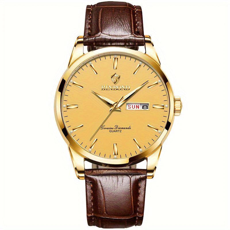 BINBOND Men's Fashion Quartz Watch, Casual Style, Round Alloy Case, Non-Waterproof, with Genuine Leather Strap, Date/Calendar Feature, Electronic Drive, Double Calendar, Waterproof, BINBOND