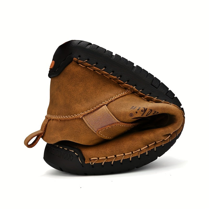 PLUS SIZE Men's Stitching Ankle Boots With Microfiber Leather Uppers, Breathable Wear-resistant Non Slip Lace-up Shoes For Men's Outdoor Activities, Spring And Autumn