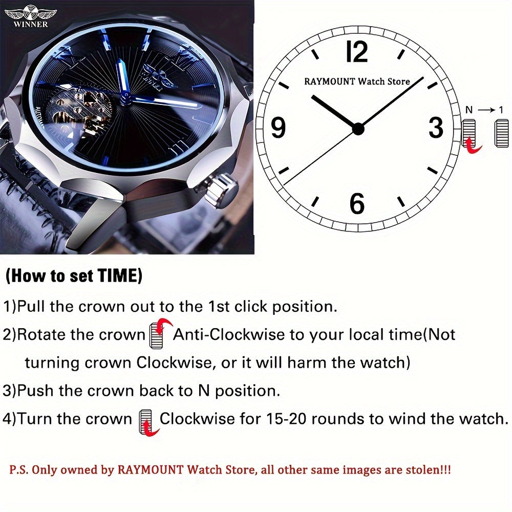 T-WINNER Men's Luxury Automatic Mechanical Watch - Blue Ocean Geometric Design, Transparent Skeleton Dial, Stainless Steel Case & Faux Leather Strap