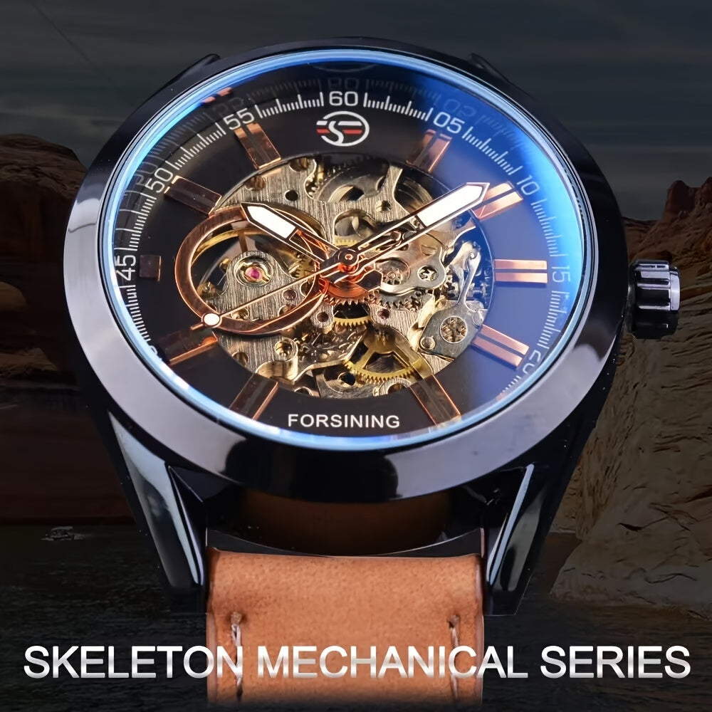 Forsining Men's Skeleton Mechanical Watch, Casual Sport Blue Light Glass, Non-Waterproof, Non-Automatic Winding, PU Leather Strap, Round Dial, Fashionable Men's Wristwatch, Gift for Men