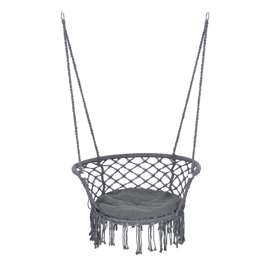 DodiOnline Outdoor Hanging Rope Chair with Cotton Rope, Cotton-Polyester Blend Macrame Garden Hammock Chair with Seat Cushion, Support Backrest, for Patio, Garden, Porch, Dark Grey