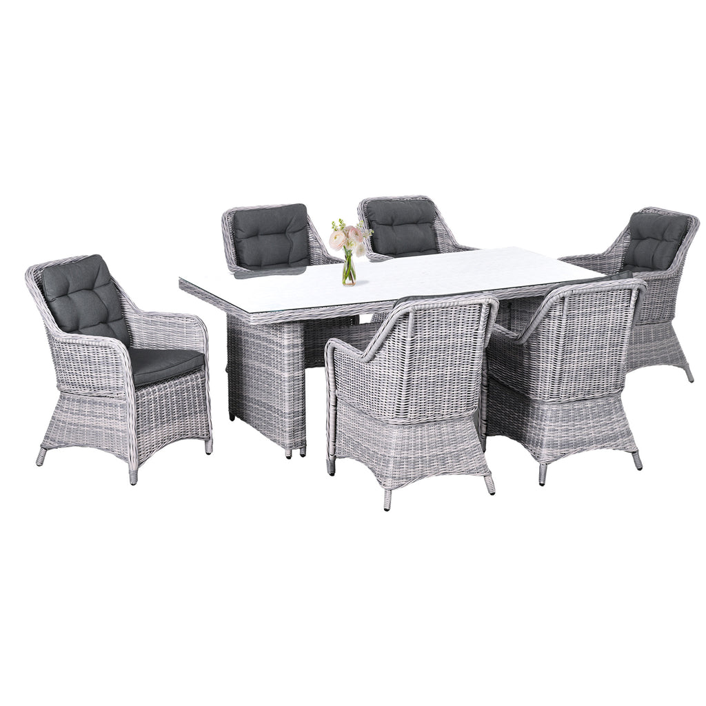 DodiOnline 6 Seater Rattan Dining Set, Round PE Rattan Outdoor Furniture Set with Seat and Back Cushions, Aluminium Outdoor Dining Table and Chairs with 6 Armchairs, Rectangular Glass Top Table, Grey
