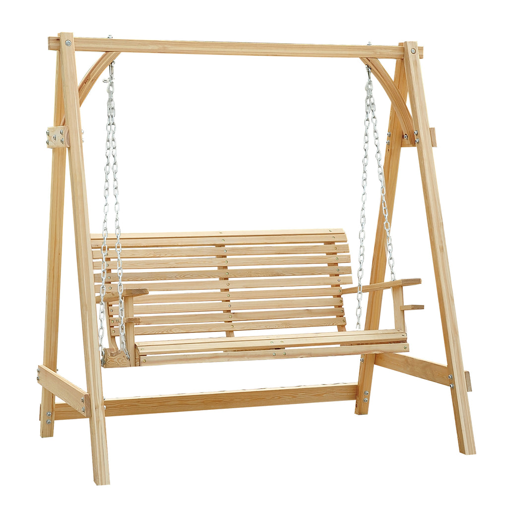 DodiOnline 2 Seater Garden Swing Seat Larch Wood Swing Chair Hammock Bench Lounger - Natural
