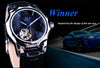 T-WINNER Men's Luxury Automatic Mechanical Watch - Blue Ocean Geometric Design, Transparent Skeleton Dial, Stainless Steel Case & Faux Leather Strap