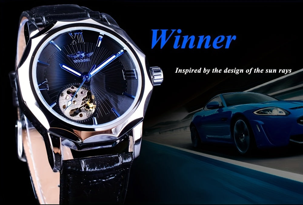 T-WINNER Men's Luxury Automatic Mechanical Watch - Blue Ocean Geometric Design, Transparent Skeleton Dial, Stainless Steel Case & Faux Leather Strap