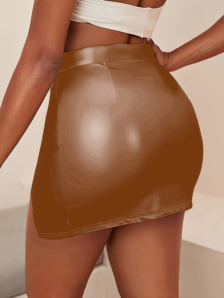 Faux Leather Split Bodycon Skirt, Casual High Waist Solid Mini Skirt, Women's Clothing