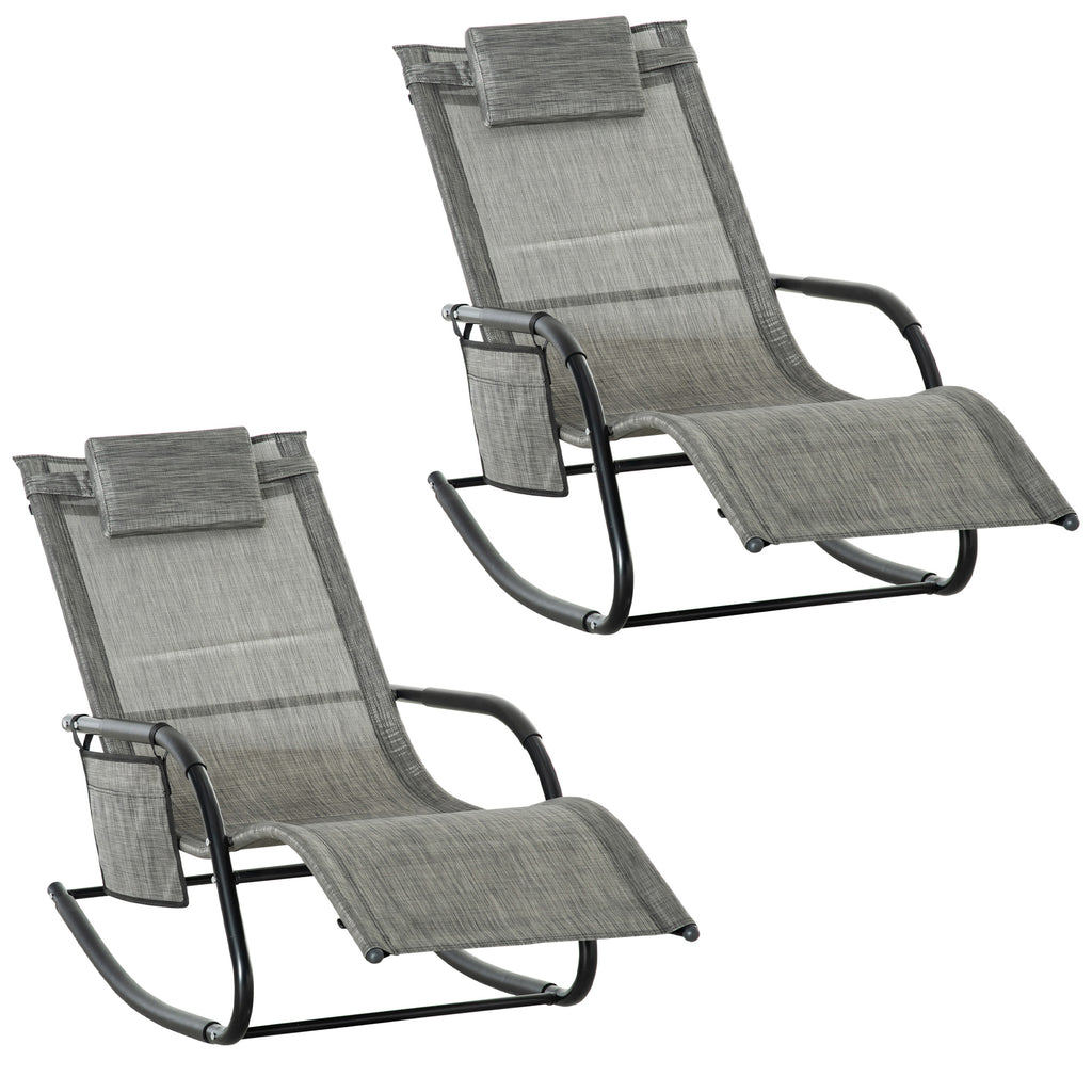 DodiOnline 2PCs Outdoor Garden Rocking Chair, Patio Sun Lounger Rocker Chair with Breathable Mesh Fabric, Removable Headrest Pillow, Armrest, Side Storage Bag, Dark Grey