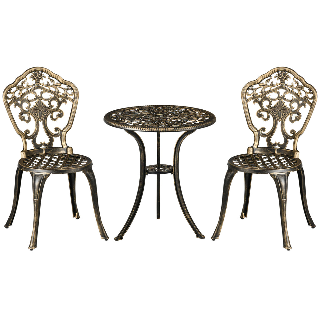 DodiOnline 3 Piece Cast Aluminium Garden Bistro Set for 2 with Parasol Hole, Outdoor Coffee Table Set, Two Armless Chairs and Round Coffee Table for Balcony, Patio, Bronze