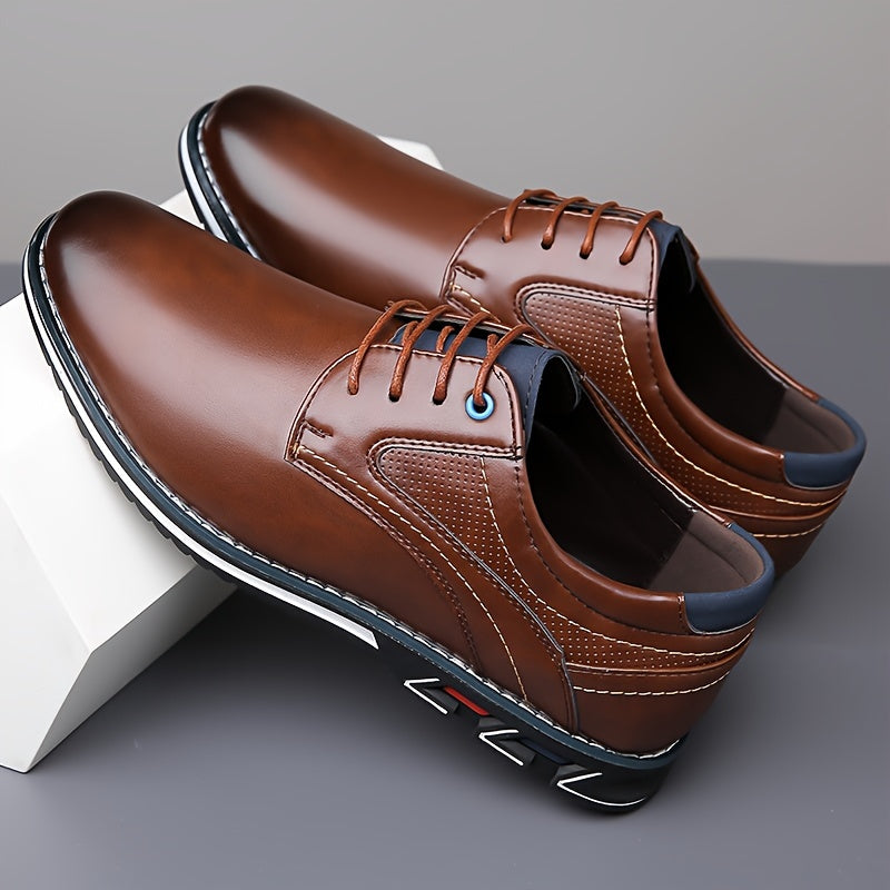 Men's PLUS SIZE PU Leather Solid Casual Shoes, Wear-resistant Non Slip Lace-up Dress Shoes, Men's Office Daily Footwear
