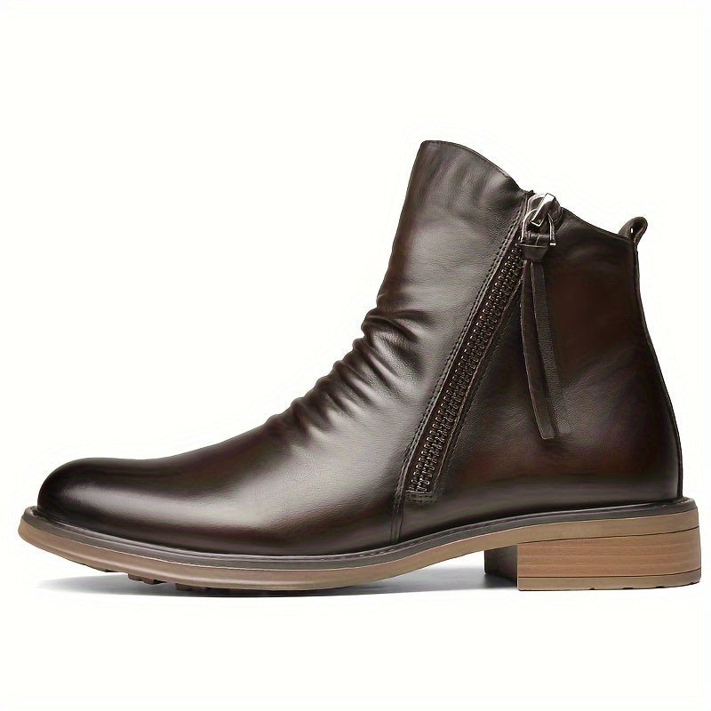 Men's Casual Leather High-top Boots: Stylish, Durable & Non-slip; All-season Wear with Comfortable Zip Closure