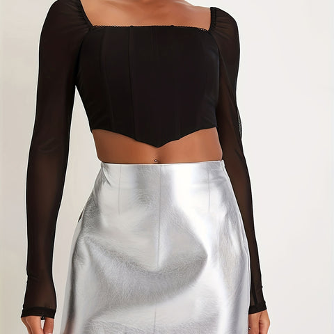 Pu Leather Metallic High Waist Skirt, Elegant A-line Bodycon Skirt, Women's Clothing