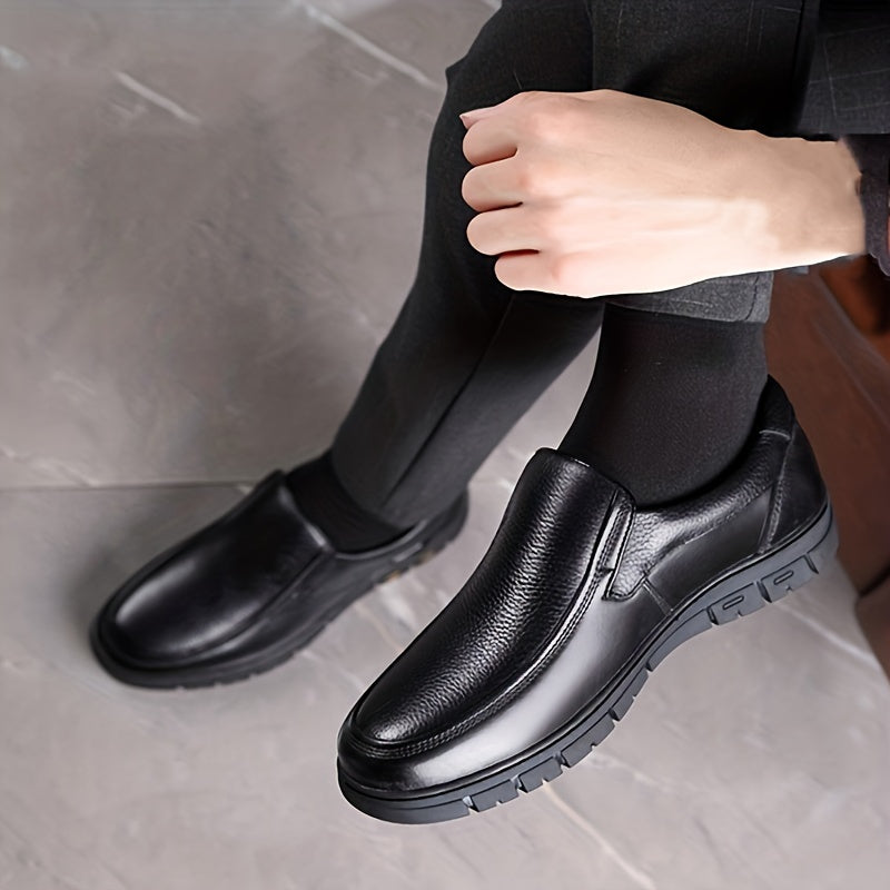 Mens Top Layer Cowhide Round Toe Slip On Dress Shoes - Durable Non Slip Rubber Sole, Breathable PU Insole, Solid Color, Perfect for Wedding, Business, Party, Banquet, Office in Spring, Summer, and Fall Seasons