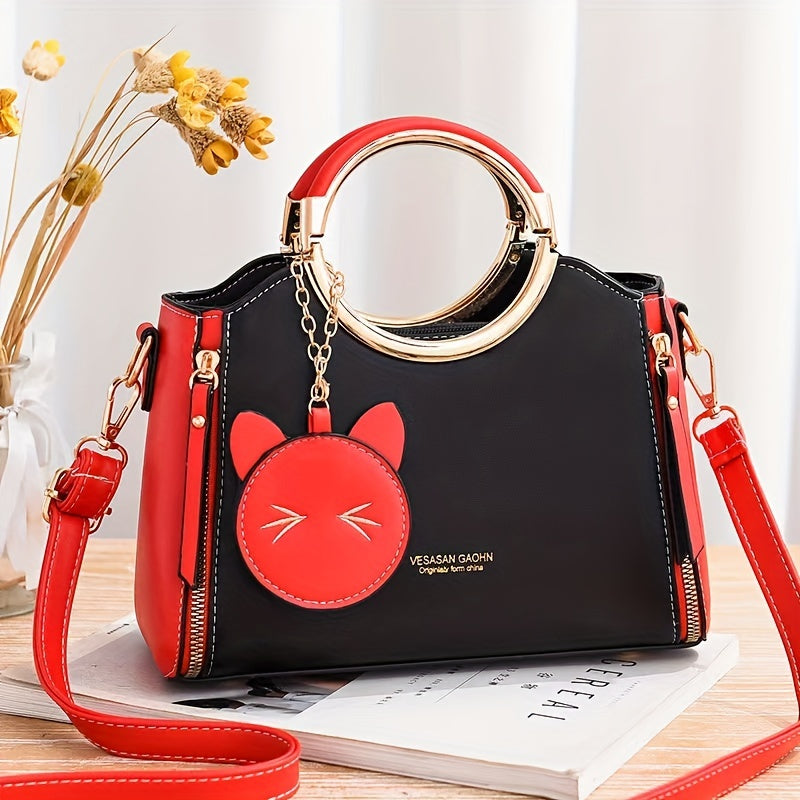 Color Contrast Handbag For Women, Trendy PU Leather Shoulder Purse, Versatile Crossbody Bag With Cute Cat Coin Purse