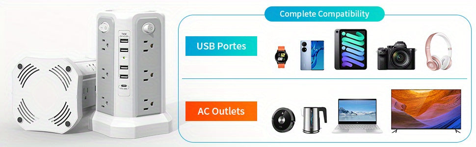 PASSUS 10ft Surge Protector Power Strip with USB C Ports - 12 AC Outlets, 5 USB Charging Ports, 18W PD Support, 125V US Plug, Compact Design for Home Office Dorm, Surge Protection, Rectangular Shape, Dorm Room Essentials, Mod