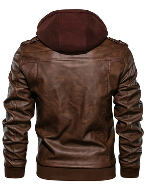Men's Casual Hooded PU Leather Jacket, Chic Multi Pocket Biker Soft-shell Jacket