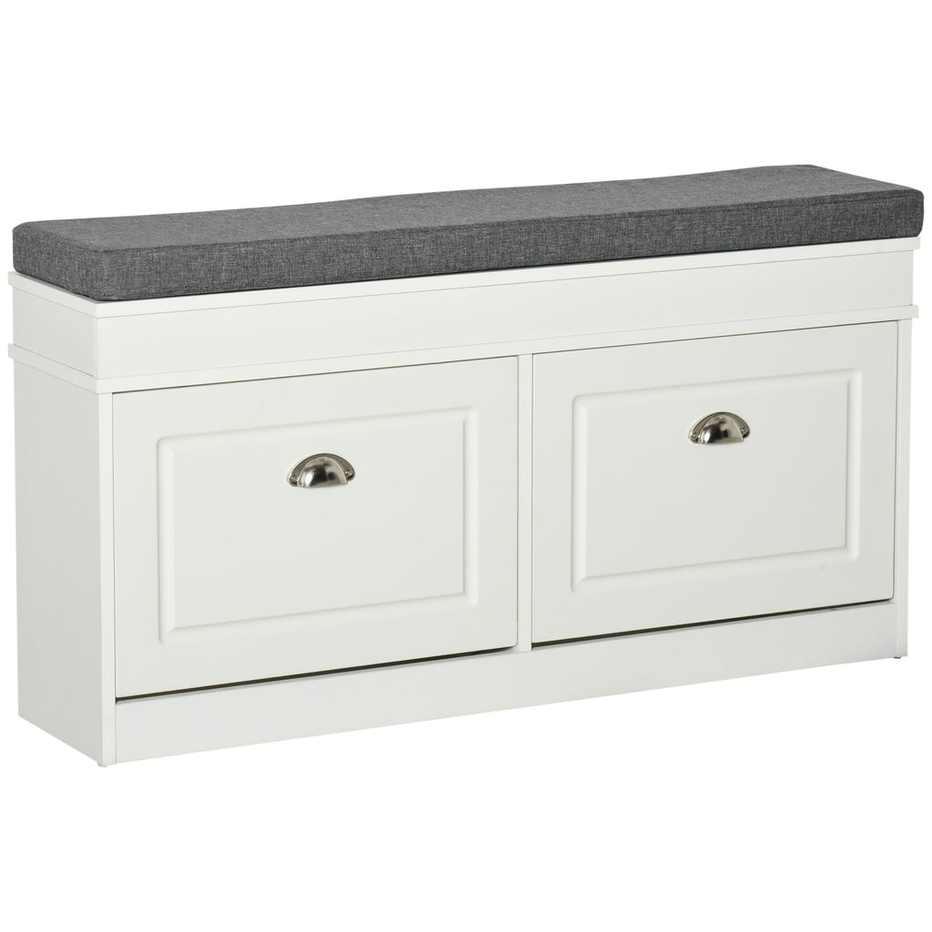 DodiOnline Shoe Storage Bench with Flip Drawers, Shoe Cabinet with Seat Cushion and Adjustable Shelf for Hallway, Entryway, Living Room, Bedroom, White