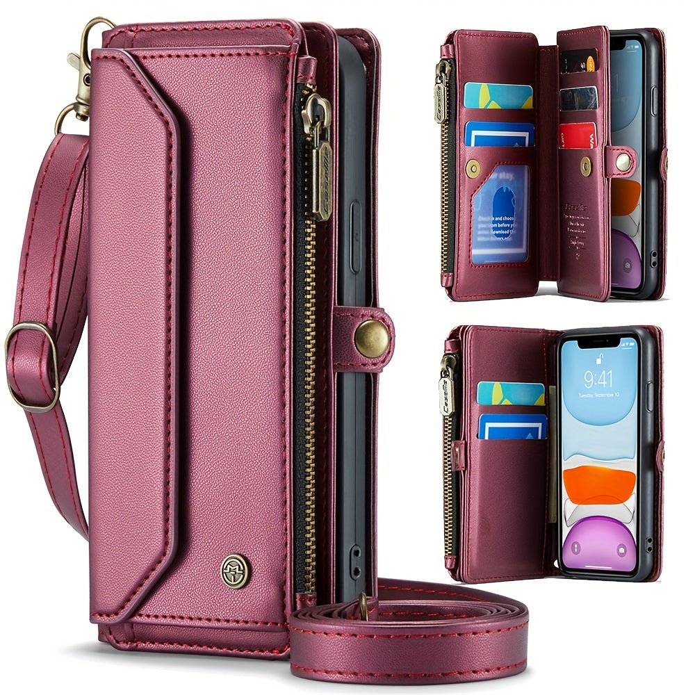 Extended Lanyard Faux Leather Phone Case for Iphone 15, 14, 13, 12, 11 Pro Max, Mini, XR, XS, 8, 7 Plus, And SE 2022 with Zipper Wallet And Card Holder