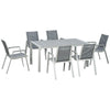 DodiOnline 7 Pieces Garden Dining Set, Outdoor Table and 6 Armchairs, Aluminium Frame, Slatted Wood Grain Plastic Top Table, Breathable Mesh Fabric Seats and Backrest, Light Grey