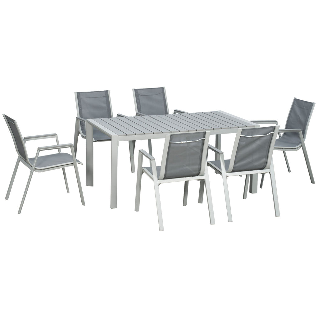 DodiOnline 7 Pieces Garden Dining Set, Outdoor Table and 6 Armchairs, Aluminium Frame, Slatted Wood Grain Plastic Top Table, Breathable Mesh Fabric Seats and Backrest, Light Grey