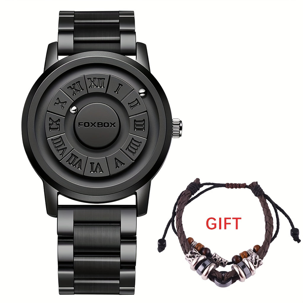FOXBOX Fashionable Men's Watch, Cool Dial Display Design Waterproof Rotating Magnetic Bead Watch, Family Party Gift, Black And Grey Leather Belt