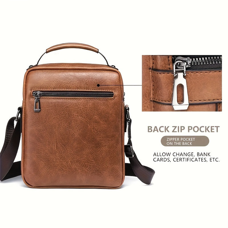 Men's Vintage Faux Leather Shoulder Bag - Adjustable Strap, Casual Business Crossbody for Daily Commute