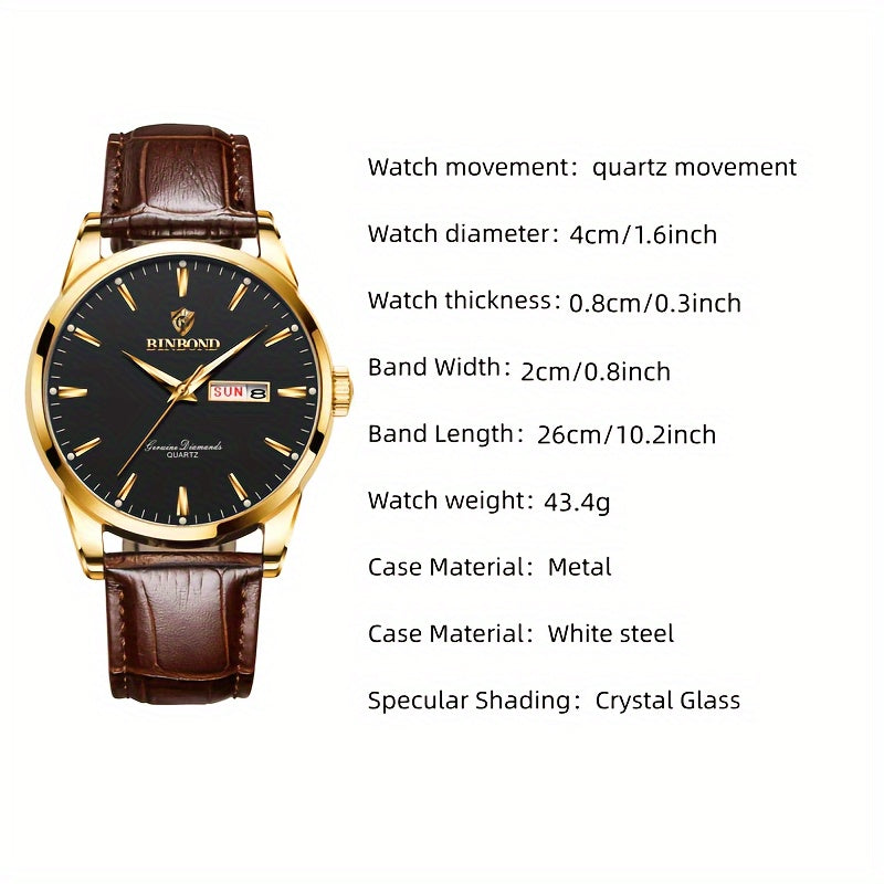 BINBOND Men's Fashion Quartz Watch, Casual Style, Round Alloy Case, Non-Waterproof, with Genuine Leather Strap, Date/Calendar Feature, Electronic Drive, Double Calendar, Waterproof, BINBOND