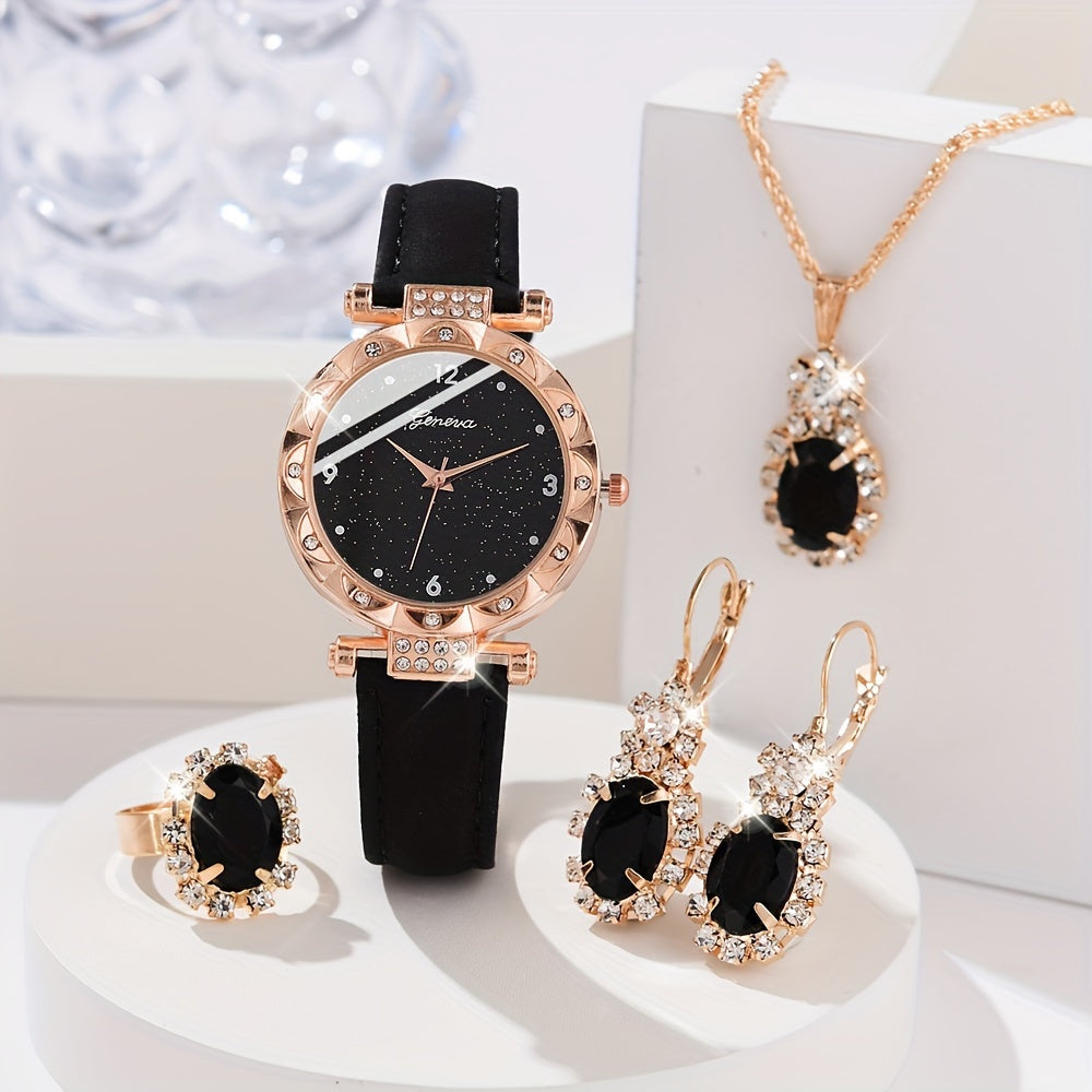 5pcs/set Women's Shiny Rhinestone Quartz Watch Analog PU Leather Wrist Watch & Jewelry Set, Gift For Mom Her
