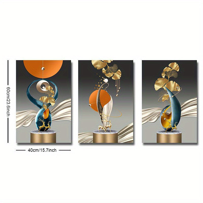 3pcs Geometry Art Canvas Print Posters, Golden Deer Ginkgo Leaf Canvas Wall Art Paintings, Artwork Wall Painting For Living Room Bedroom Bathroom Office Hallway Kitchen Wall Decors, No Frames