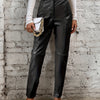 Elegant Women's Faux Leather Pants - High Waist, Comfort Stretch, Button Detail, Perfect for Fall/Winter