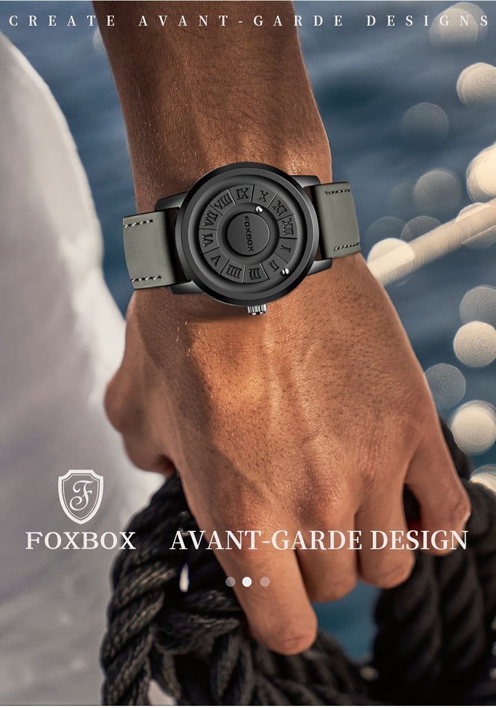 FOXBOX Men's Quartz Watch – Magnetic Dial | Digital Display | PU Leather Band | 30M Water-Resistant