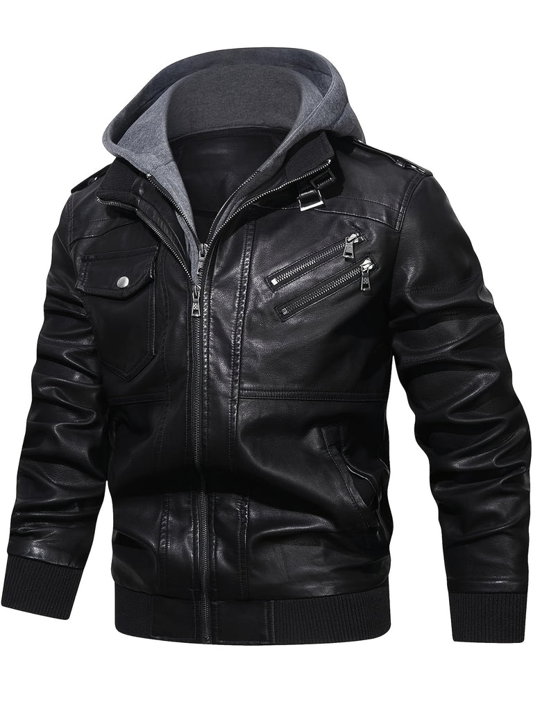 Men's Casual Hooded PU Leather Jacket, Chic Multi Pocket Biker Soft-shell Jacket