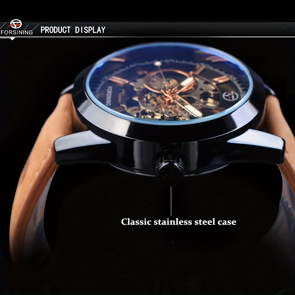 Forsining Men's Skeleton Mechanical Watch, Casual Sport Blue Light Glass, Non-Waterproof, Non-Automatic Winding, PU Leather Strap, Round Dial, Fashionable Men's Wristwatch, Gift for Men