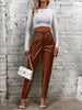 Elegant Women's Faux Leather Pants - High Waist, Comfort Stretch, Button Detail, Perfect for Fall/Winter