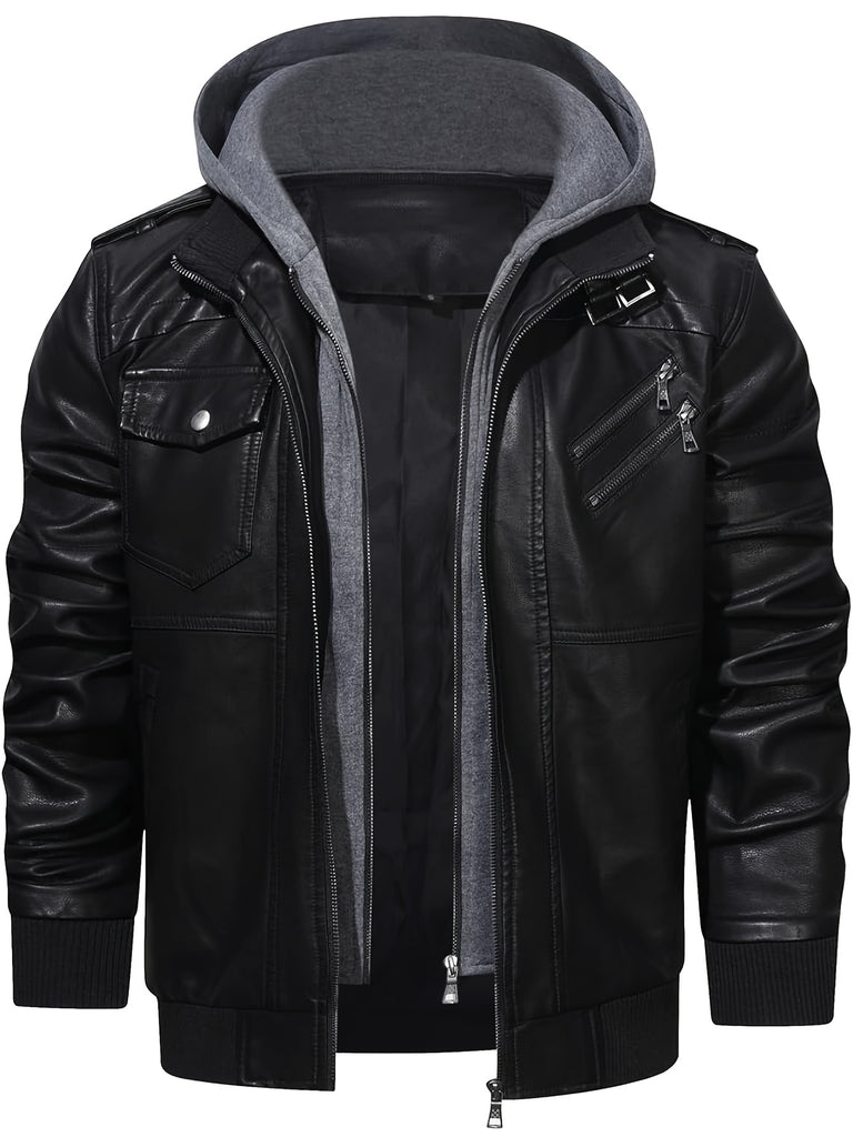Men's Casual Hooded PU Leather Jacket, Chic Multi Pocket Biker Soft-shell Jacket
