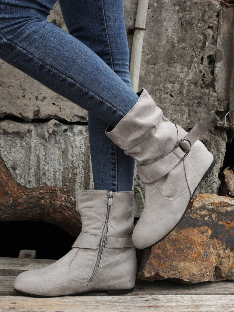 Womens Classic Solid Color Ankle Boots with Round-Toe Design - Fashion Buckle Belt & Side Zipper Closure - Ultra-Comfortable Outdoor Shoes for Stylish Adventures