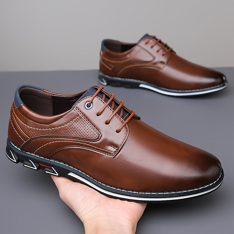 Men's PLUS SIZE PU Leather Solid Casual Shoes, Wear-resistant Non Slip Lace-up Dress Shoes, Men's Office Daily Footwear