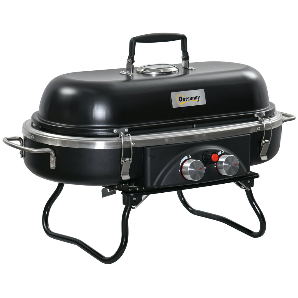 DodiOnline Foldable Gas BBQ Grill 2 Burner Table Top Barbecue with Lid Piezo Ignition Thermometer for Camping Picnic Cooking, Aluminium Alloy
