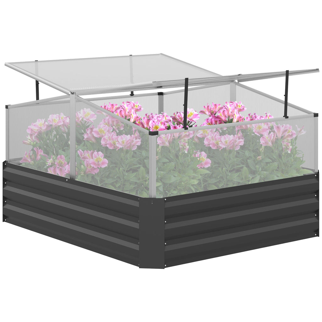 DodiOnline Outsuuny Galvanised Raised Garden Bed, Outdoor Planter Box with Greenhouse and Cover for Vegetables, Flowers, Dark Grey