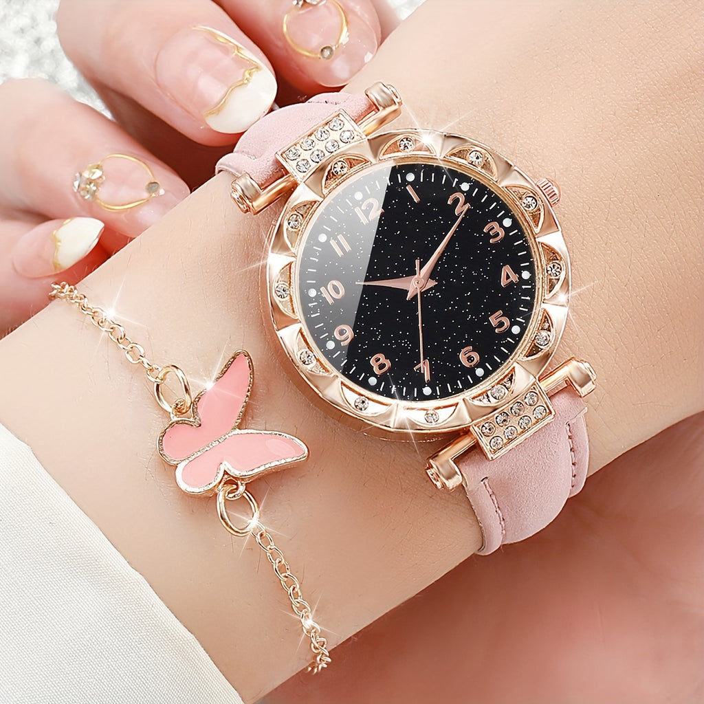 6pcs/set Women's Shiny Rhinestone Quartz Watch Analog PU Leather Wrist Watch & Butterfly Jewelry Set, Gift For Mom Her