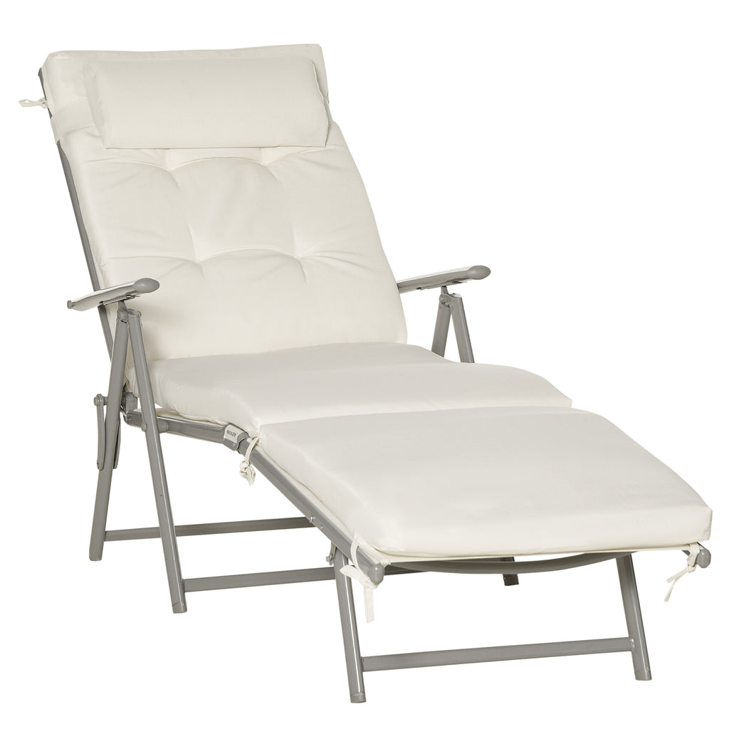 DodiOnline Sun Lounger Steel Frame Outdoor Folding Chaise Texteline Lounge Chair Recliner with Headrest & 7 Levels Adjustable Backrest, Cream White