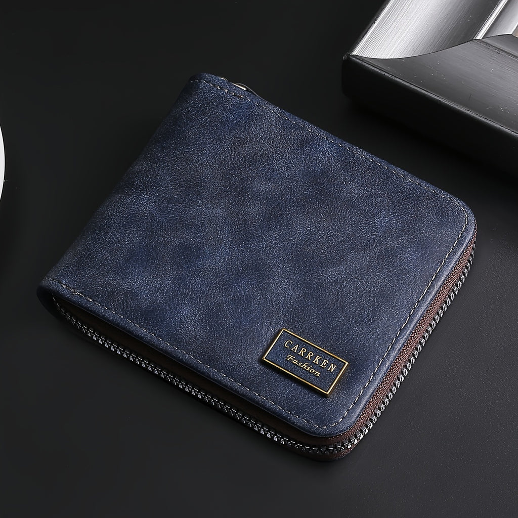 1pc Men's Zippered Short Wallet, Multi-card Holder, PU Leather Folding Wallet